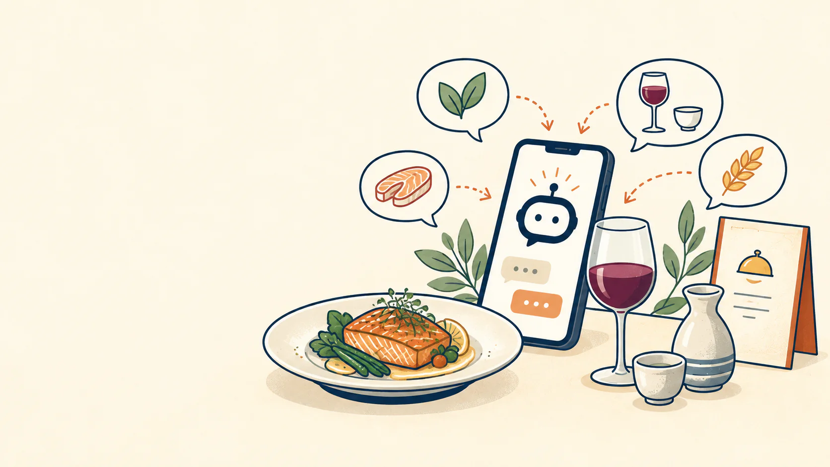 料理やドリンクの情報をスマートフォンで確認するイラスト