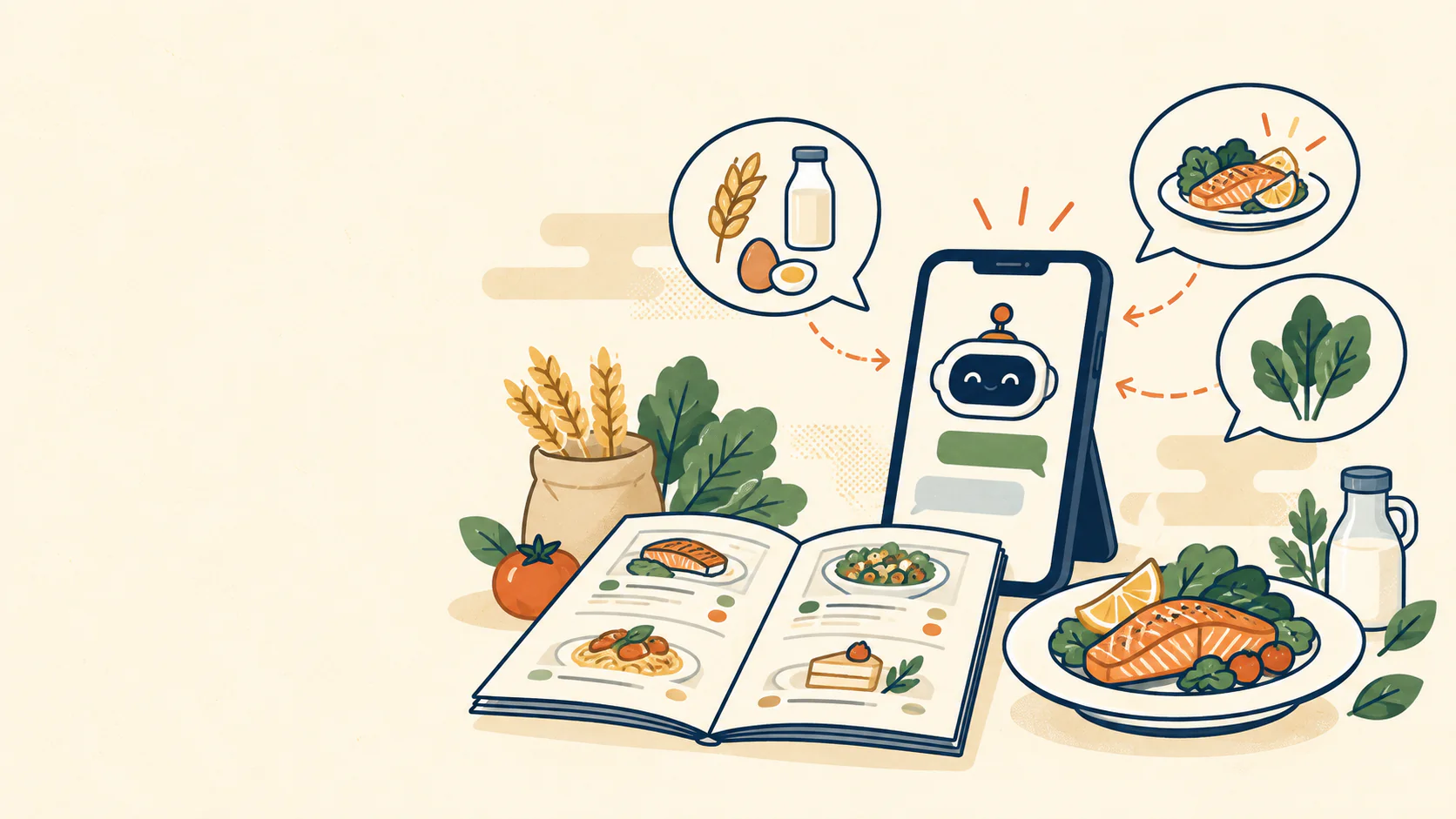メニュー表にある料理や食材の情報を、スマートフォンで案内するイラスト