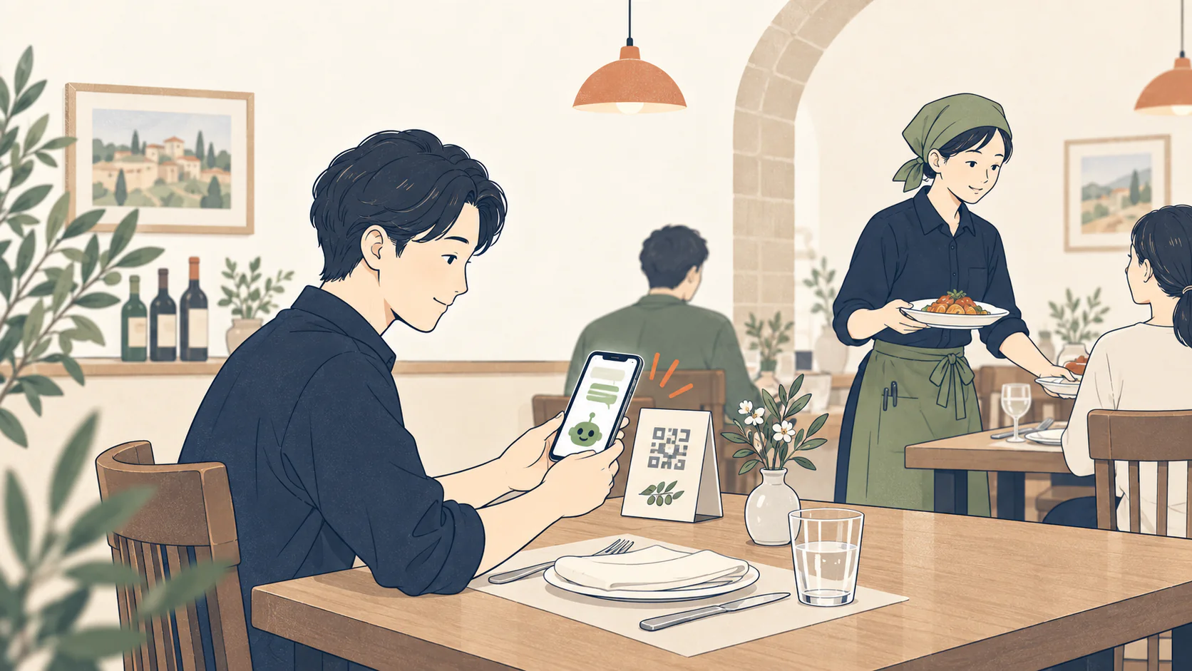 店内のQRからスマートフォンで案内を読むお客様と、料理を運ぶスタッフのイラスト