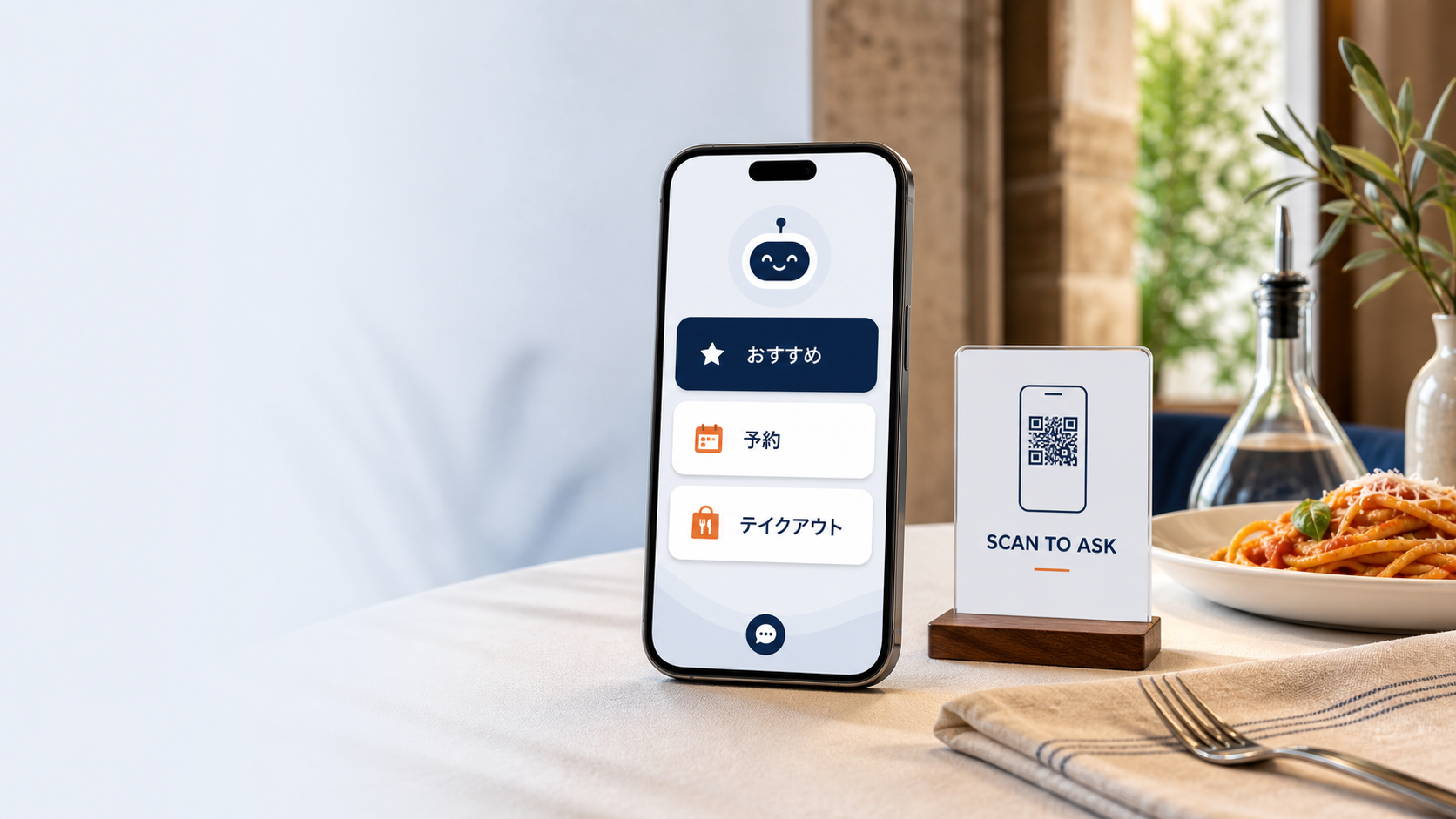 テーブルQRとAI接客のスマートフォン画面、イタリアン料理のイメージ