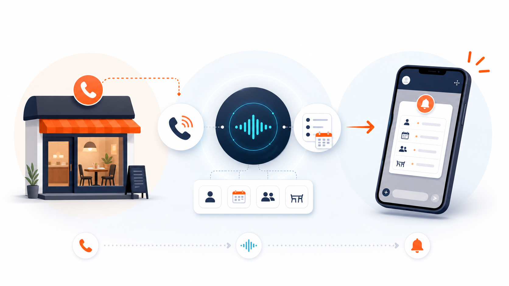 店舗の電話着信をAIが一次受付し、音声を解析して予約内容をスタッフのスマートフォンへ通知する流れを示す図解